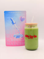 Matcha Collagène et matcha latte glacé dans le verre Oh la la