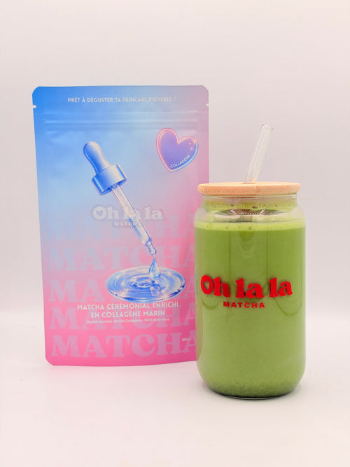 Matcha Collagène et matcha latte glacé dans le verre Oh la la