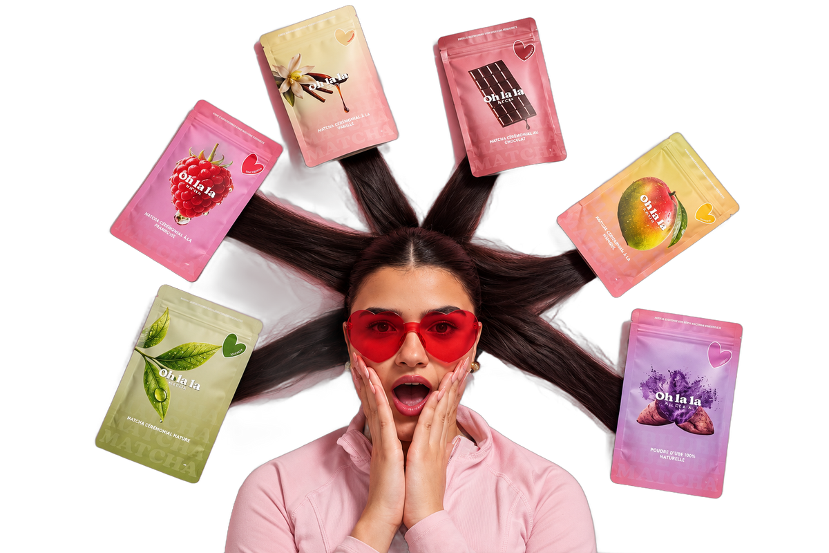 Lunettes cœur, cheveux en étoile et les saveurs Oh La La Matcha sur fond rose